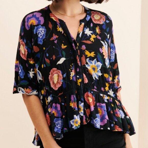 Anthropologie‎ Women's Black Josie Dolman Sleeved Floral Top - Size S Small - Picture 1 of 5